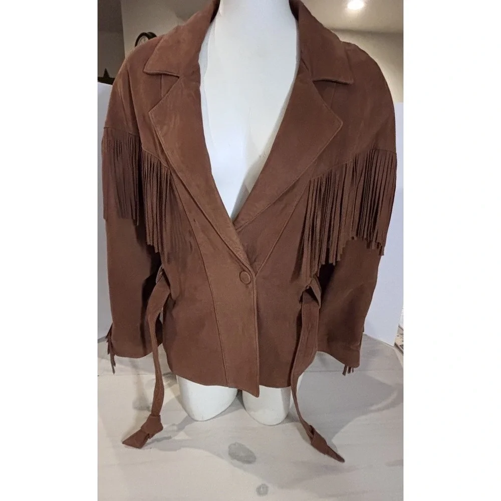 Vintage Vakko Leather Fringe Western Jacket Womens S Brown Western Cowgirl - Picture 9 of 15